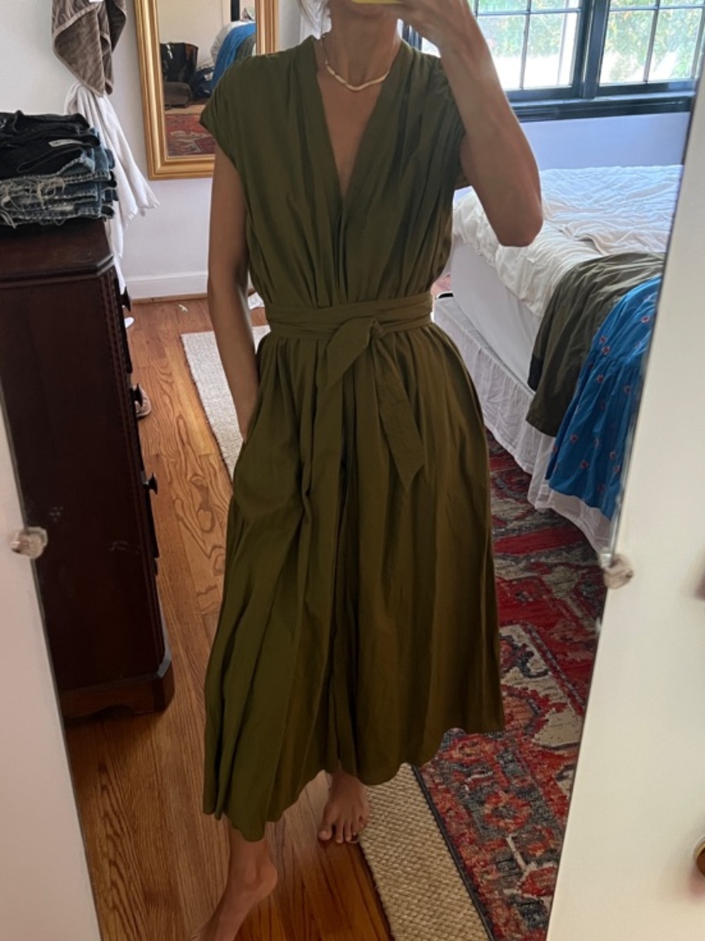 Zara Olive Green V-Neck Tie-Waist Midi Dress